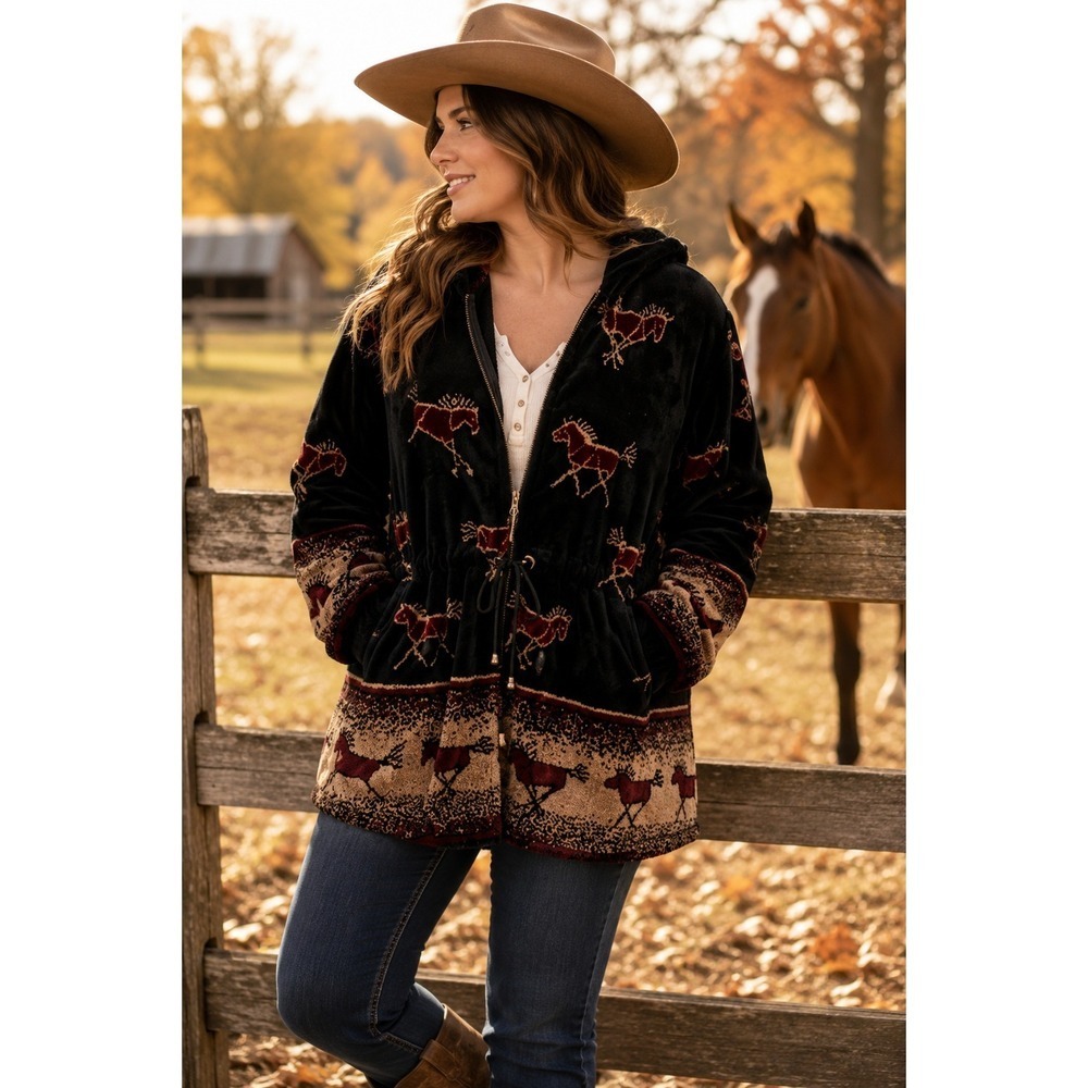 Natural Reflections Horse Print Fleece Jacket Hooded Western Ranchcore USA